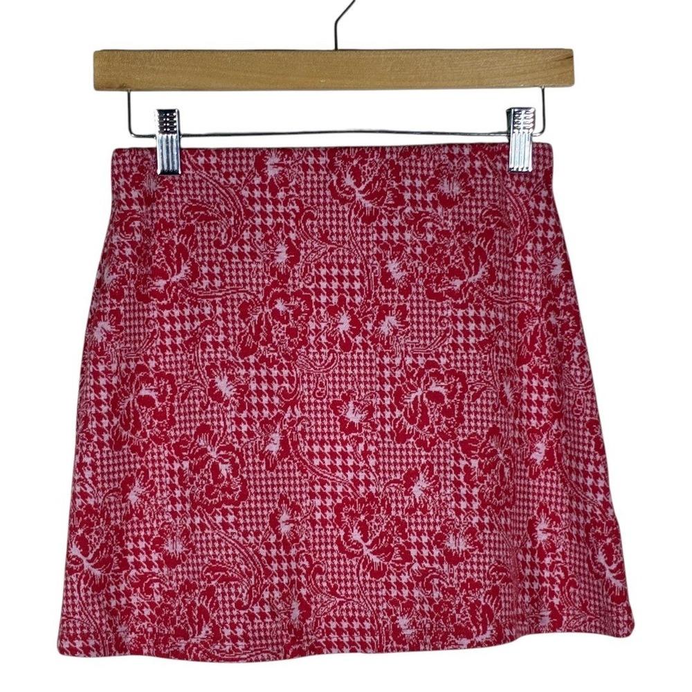 Urban Outfitters Houndstooth Floral Jacquard Mini Skirt Red Pink Retro Size XS